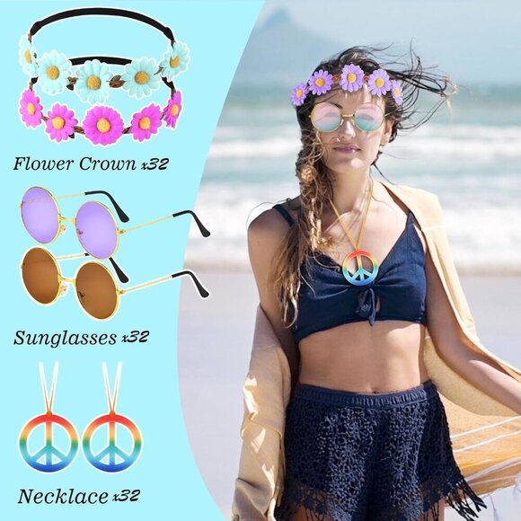 48 pcs Hippie Costume Accessory Set Includes Headbands Sunglasses Party main image 4
